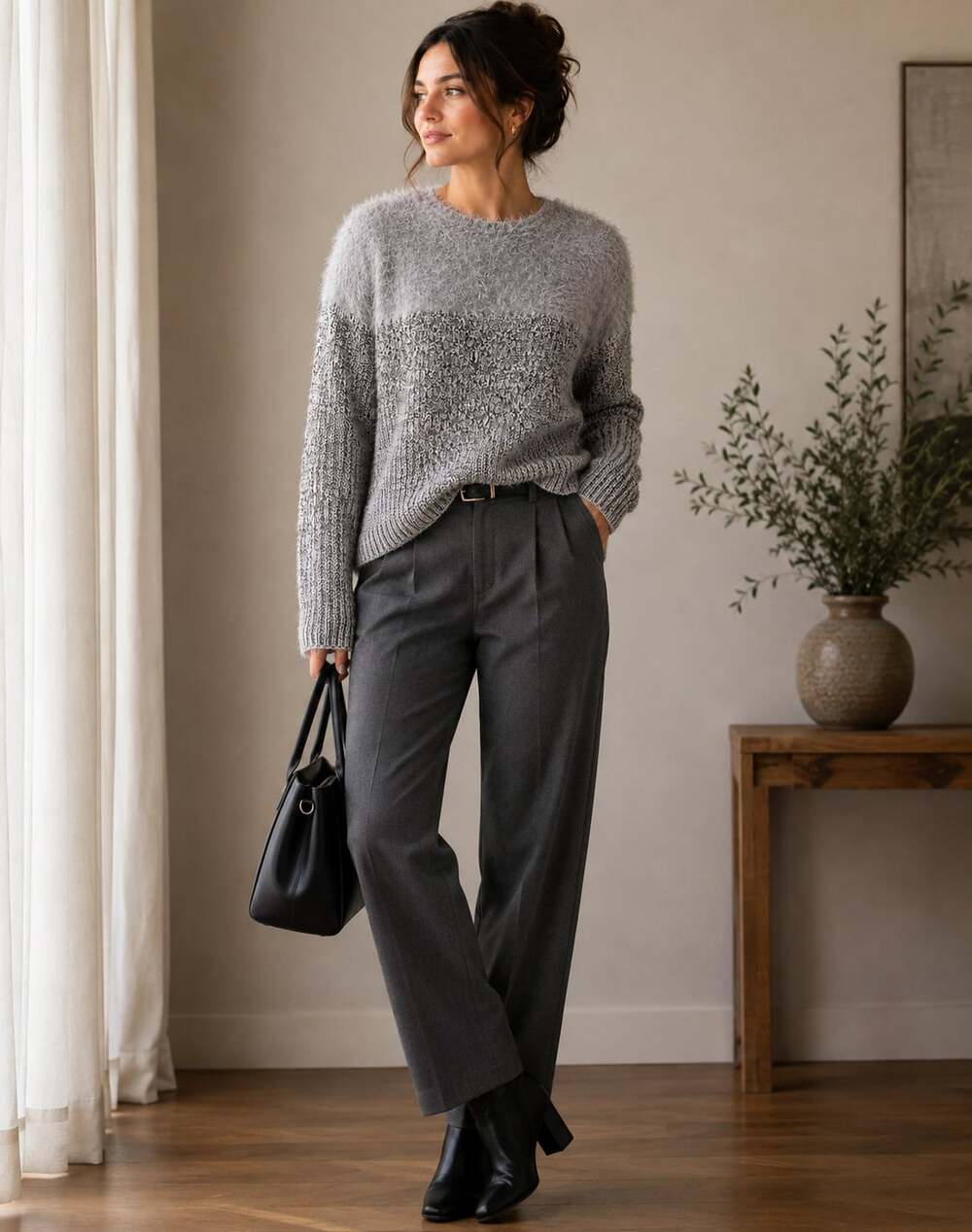 Two by Vince Camuto Fuzzy Contrast Crew Neck Knit Pullover Sweater